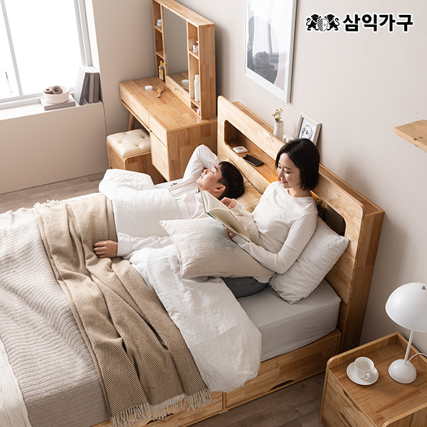 포텐 LED 4단서랍 수납 원목 침대 슈퍼싱글/퀸 침대+매트리스