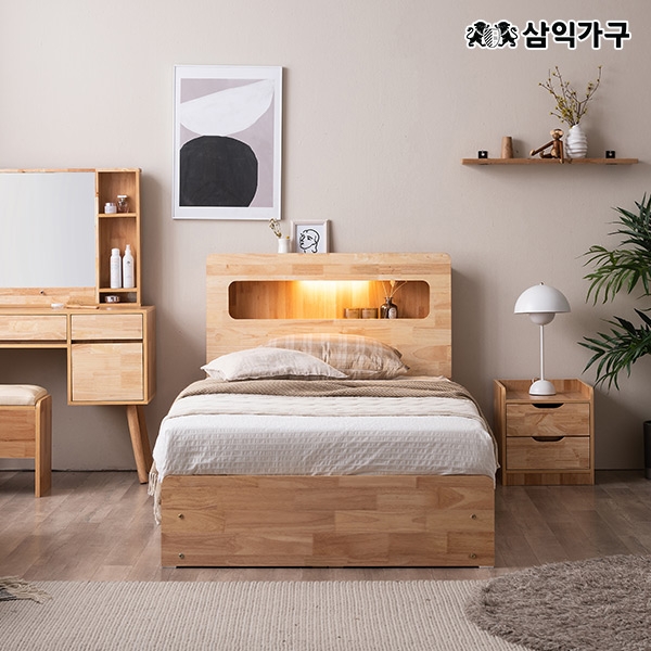 포텐 LED 4단서랍 수납 원목 침대 슈퍼싱글/퀸 침대+매트리스